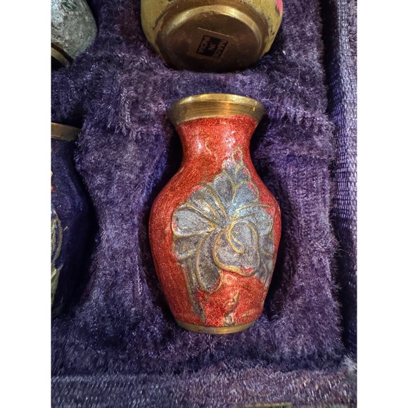 Set of 6 Vintage Miniature Cloisonne Vases Floral Design Brass Made in India - Picture 10 of 11